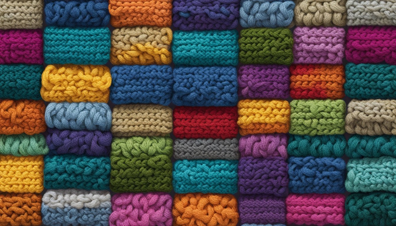 A colorful array of knitted and crocheted swatches blend together, creating a rich and varied texture