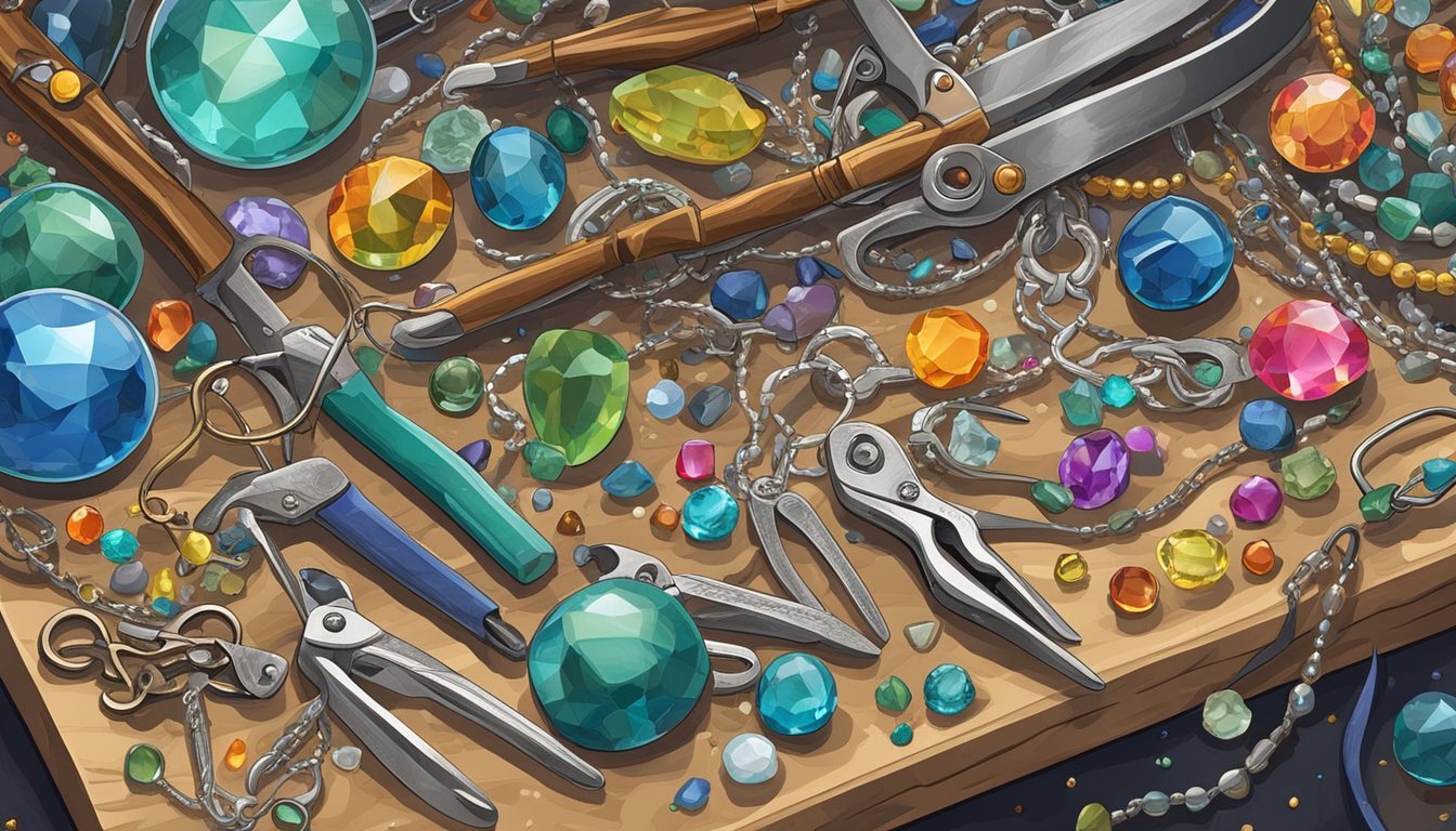 A cluttered workbench with pliers, wire cutters, beads, and chains.</p><p>A colorful array of gemstones and charms scattered around