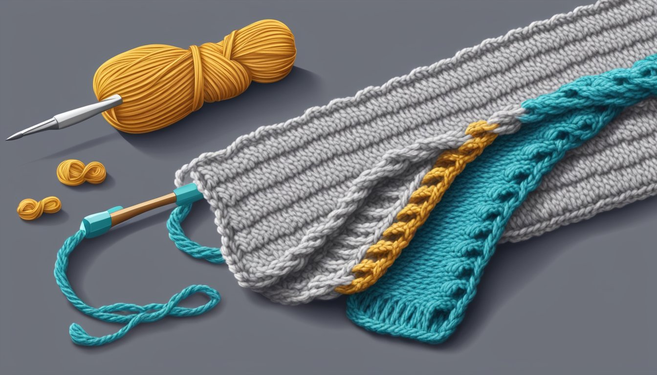 A knitted scarf with a crochet border, a crochet hook fixing a dropped stitch in the knitting