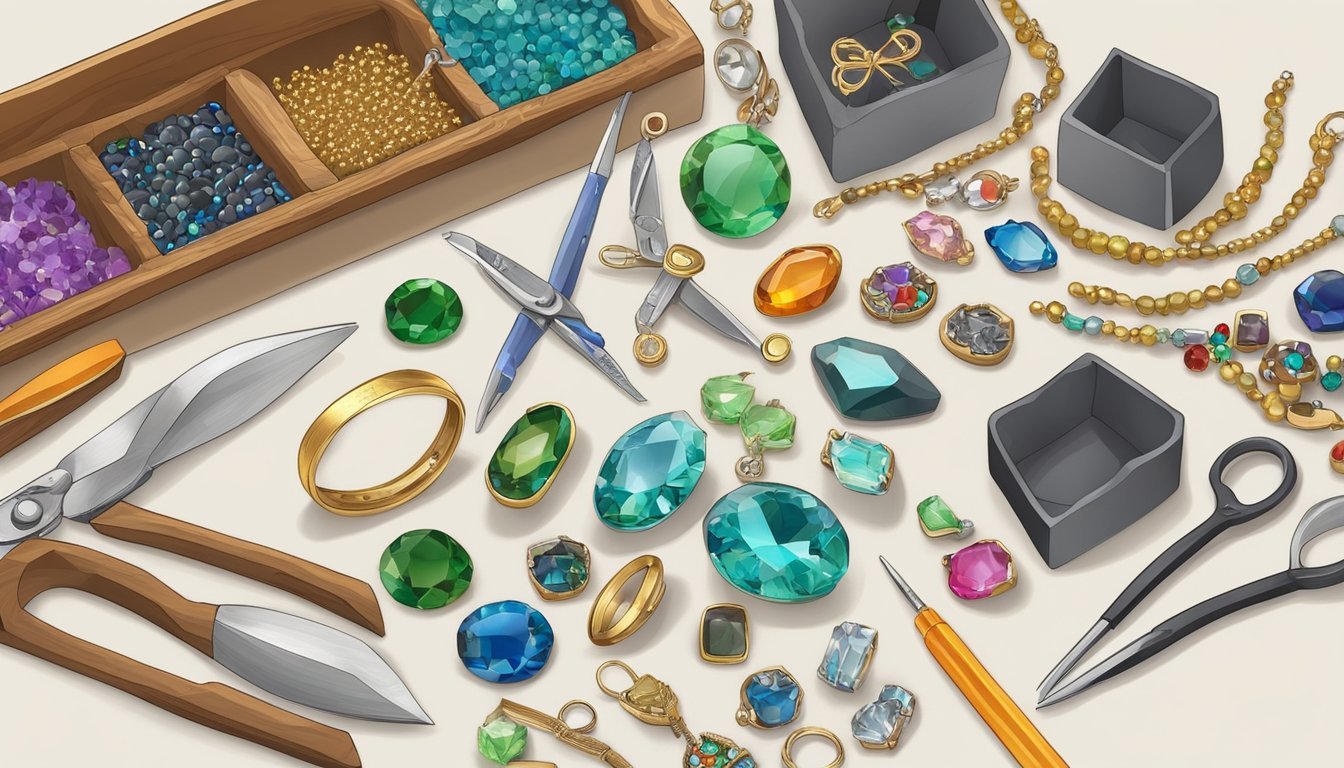 A cluttered workbench with various jewelry-making materials and tools, including beads, wires, pliers, and a colorful assortment of gemstones