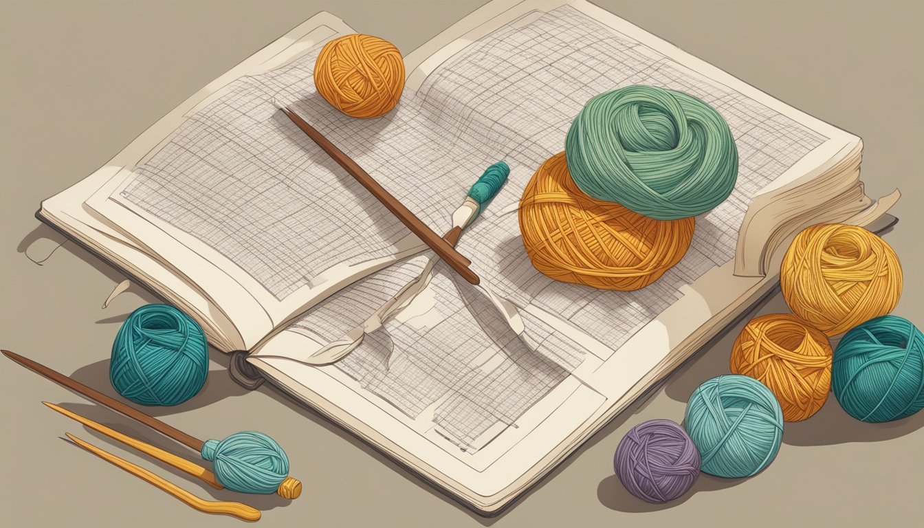 A table with knitted squares and crochet hooks, yarn spools, and a pattern book open to a page showing how to combine knitting and crochet
