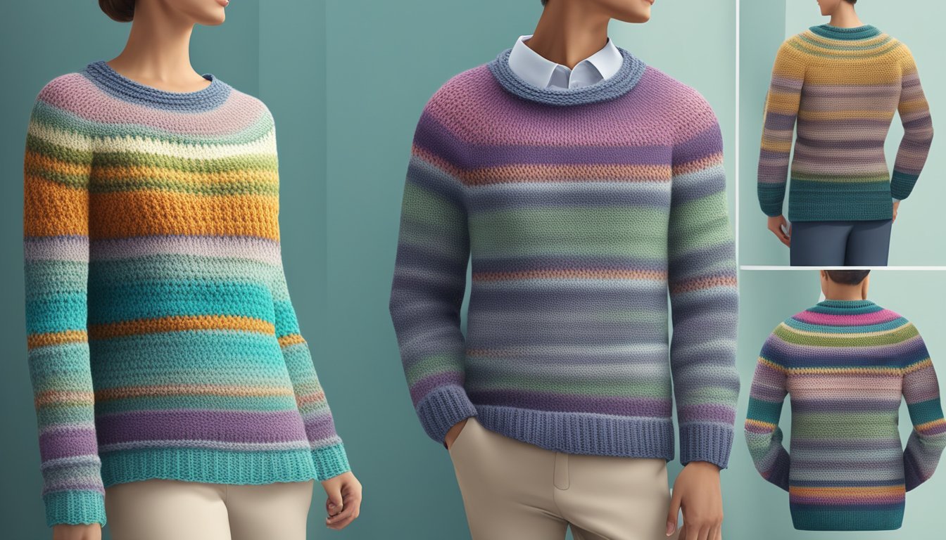 A knitted sweater with crochet body, showcasing the seamless combination of knitting and crochet in one project