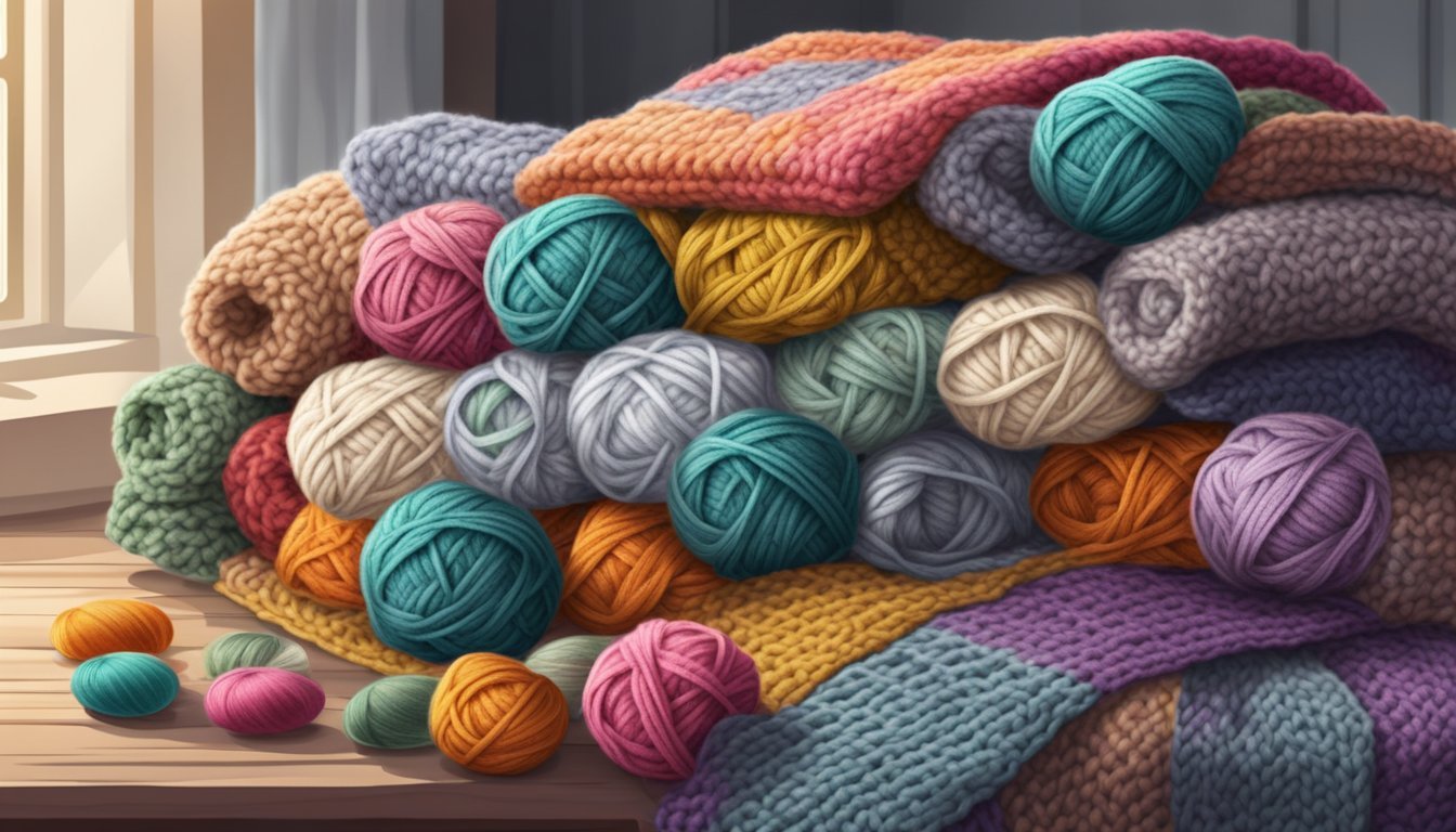 A cozy blanket with a mix of knitted and crocheted squares, yarn and needles lying nearby