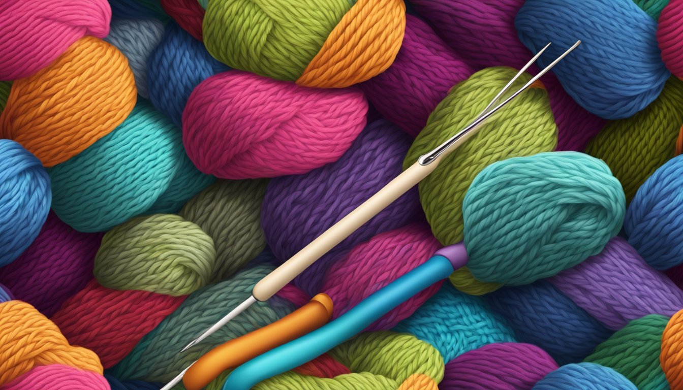 A knitting needle and a crochet hook intertwined, creating a seamless transition between stitches on a colorful yarn project