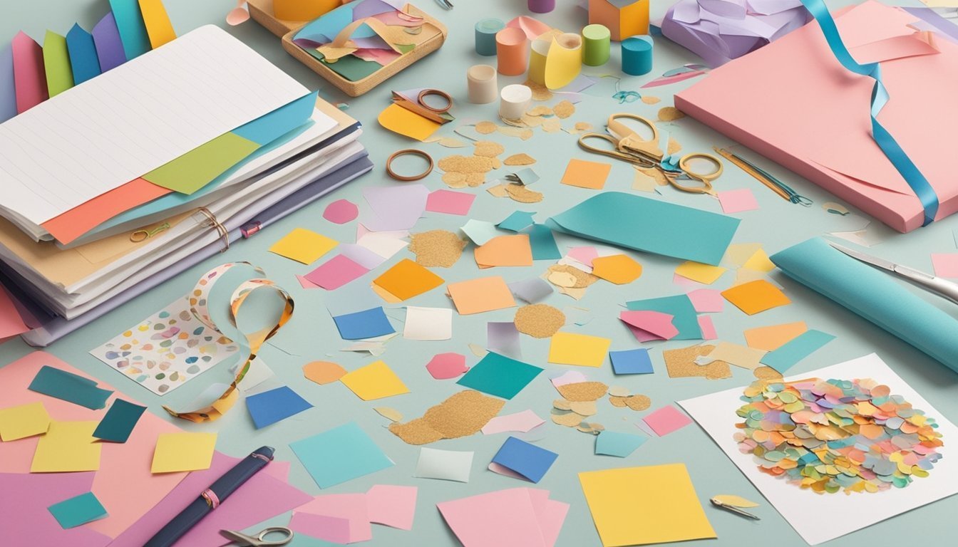 Craft supplies, paper scraps, scissors, and stationery on a light blue surface