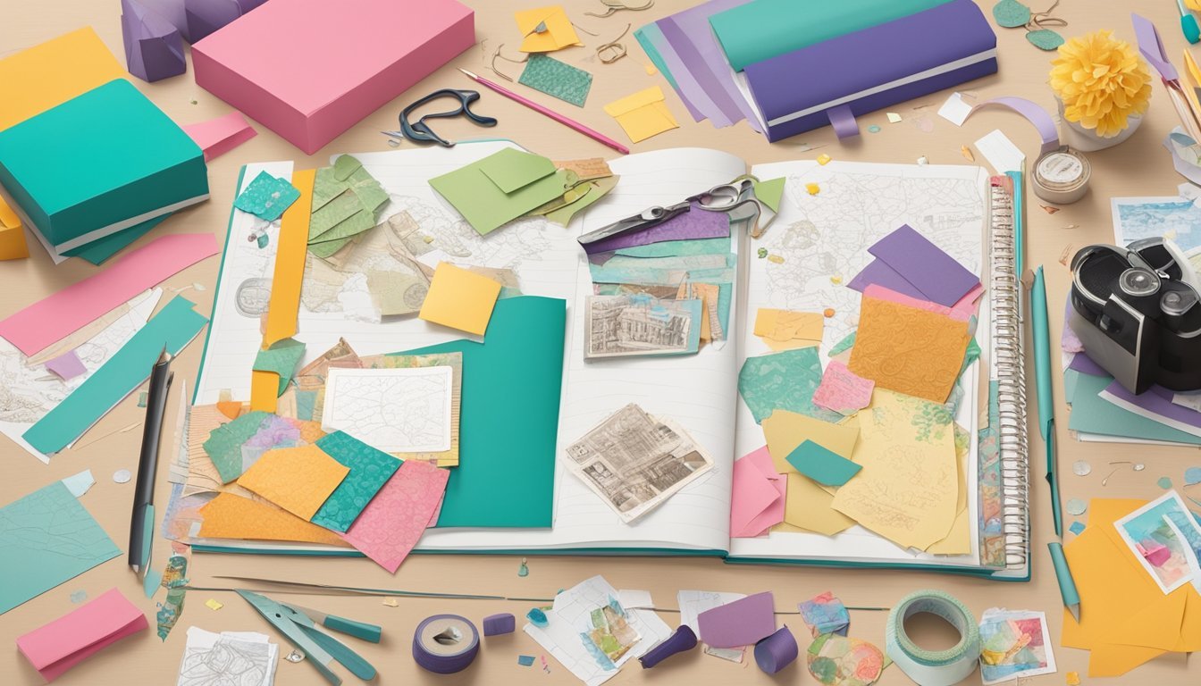 A table scattered with colorful paper, scissors, glue, and photos.</p><p>Stamps and decorative tape lay nearby.</p><p>A completed scrapbook sits open, displaying intricate designs and personalized memories