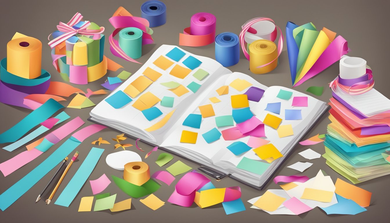 A table scattered with colorful paper, stickers, and ribbons, ready for scrapbooking