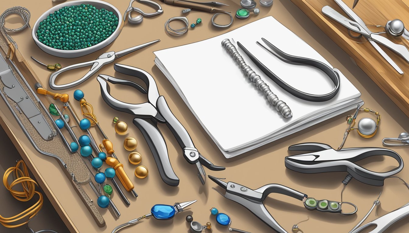 A cluttered workbench with pliers, wire, beads, and a jewelry template