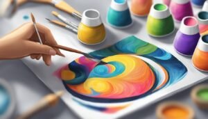 Hand painting colorful abstract art with paintbrushes and paint bottles