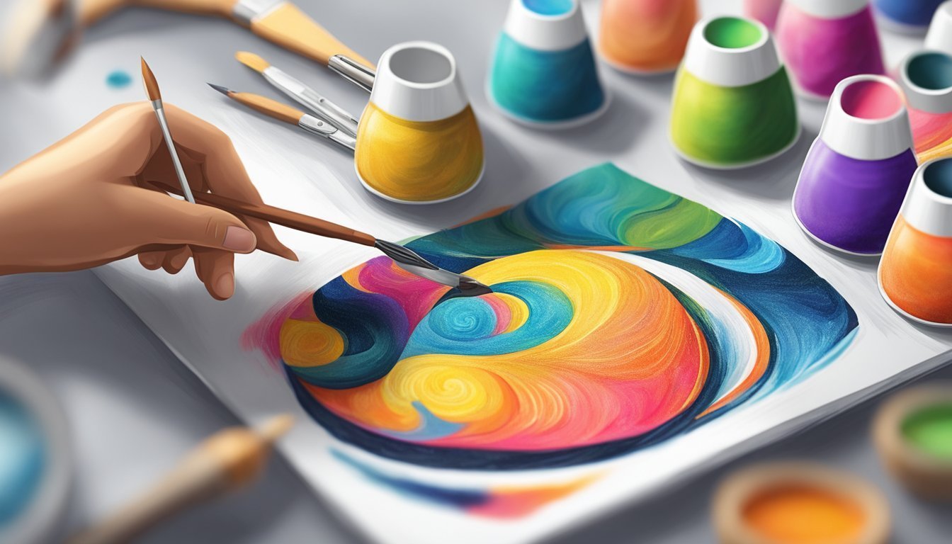 Hand painting colorful abstract art with paintbrushes and paint bottles