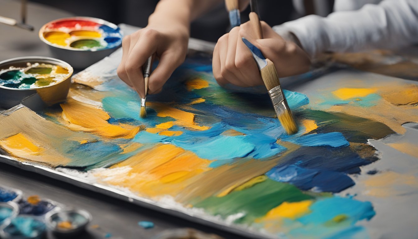 An artist applies thick layers of acrylic paint onto a canvas, creating texture with a palette knife and adding depth with various brush techniques