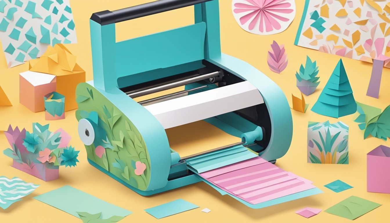 A die-cut machine cuts out intricate shapes from colorful paper, while scrapbooking tools like stamps and stickers add personalized details to create custom gifts