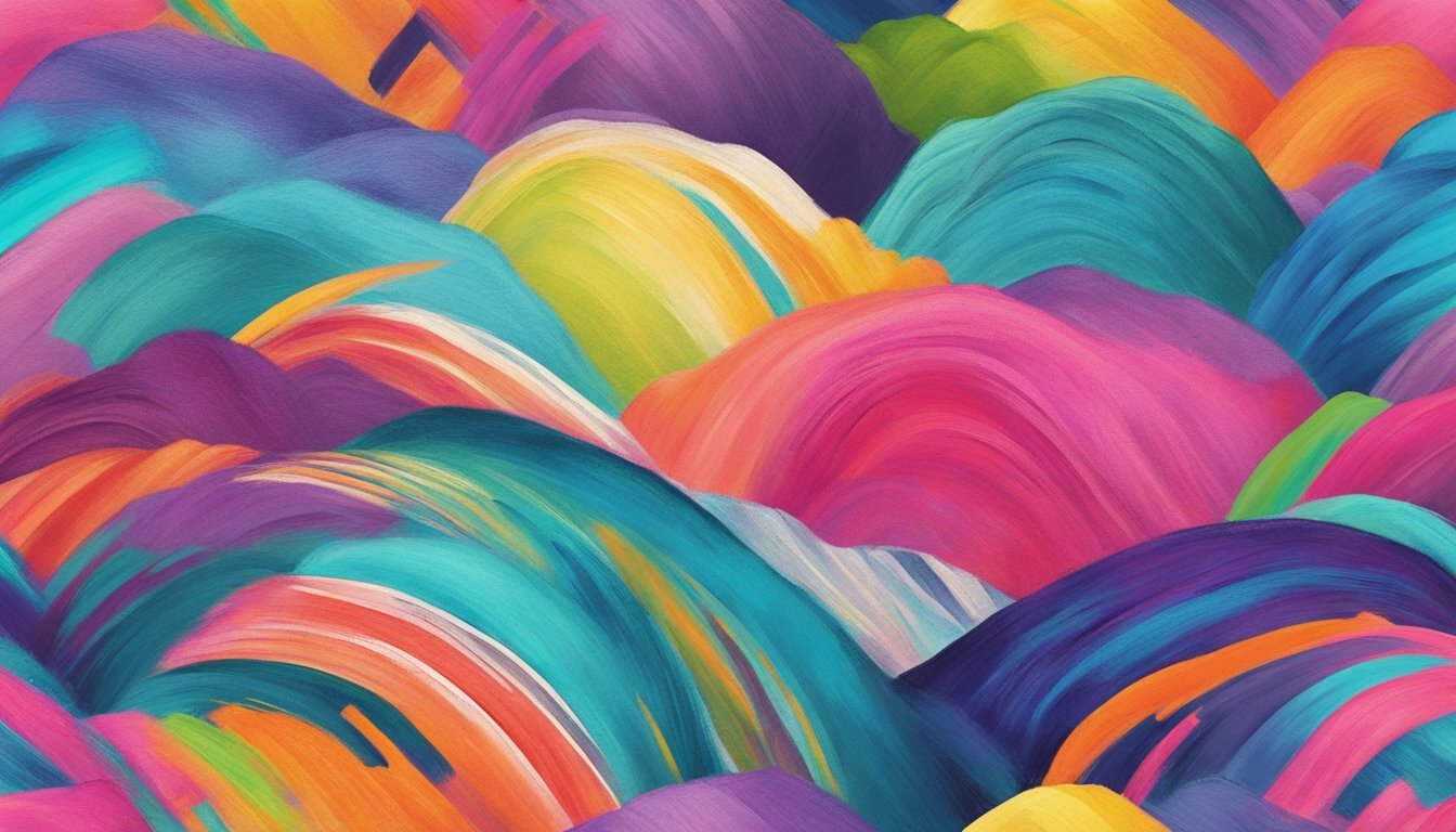 Vibrant acrylic paint being applied to fabric using various brush strokes, creating dynamic textures and patterns