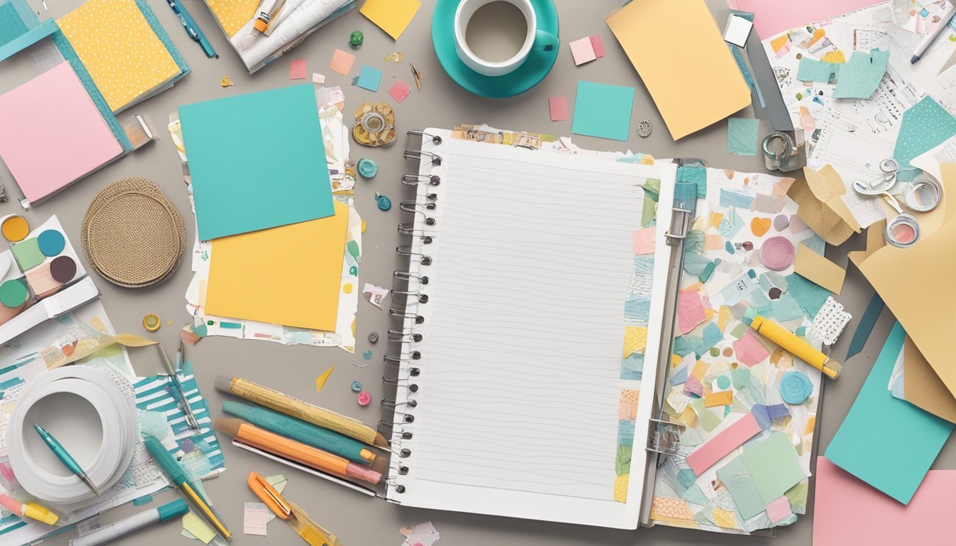A table with various scrapbooking supplies scattered across it, including patterned paper, stickers, and markers.</p><p>A finished scrapbook page with personal notes and quotes displayed