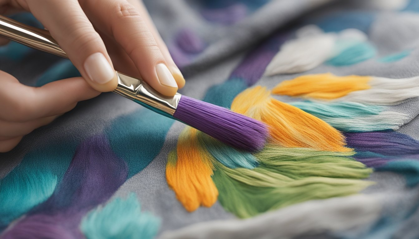 A hand holding a paintbrush applies acrylic paint to fabric, using a dry brushing technique to create textured patterns and designs