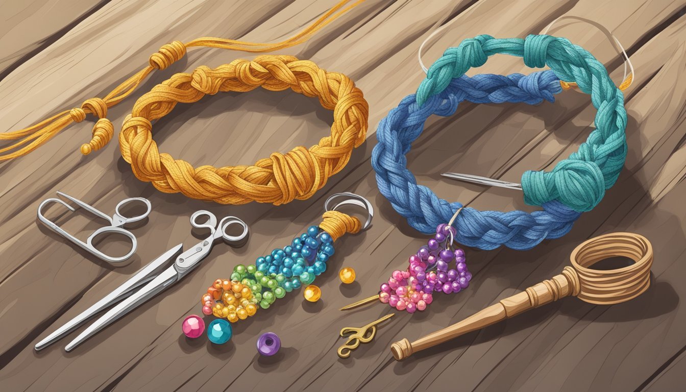 A pair of delicate macrame anklets dangle from a wooden dowel, surrounded by colorful beads, scissors, and a spool of twine