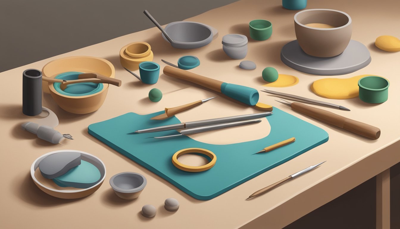A work surface with clay, tools, and finished clay bead rings