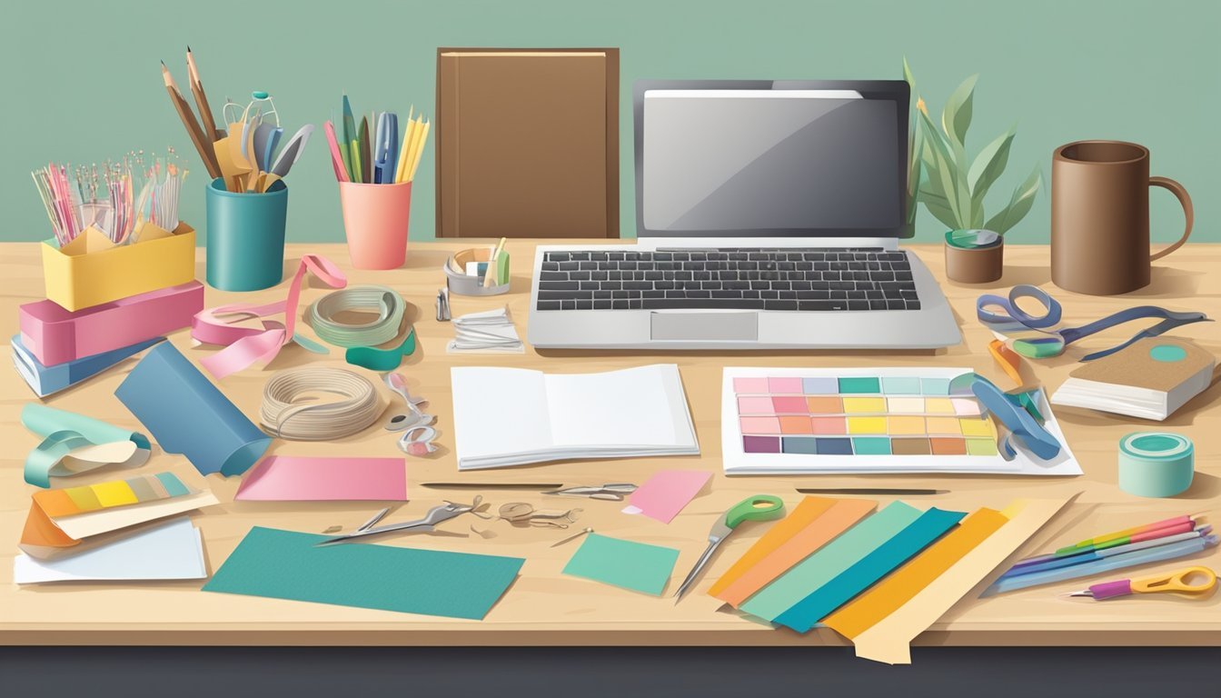A table with various scrapbooking tools and materials, including decorative paper, ribbons, and adhesive, laid out in an organized manner for creating custom gifts