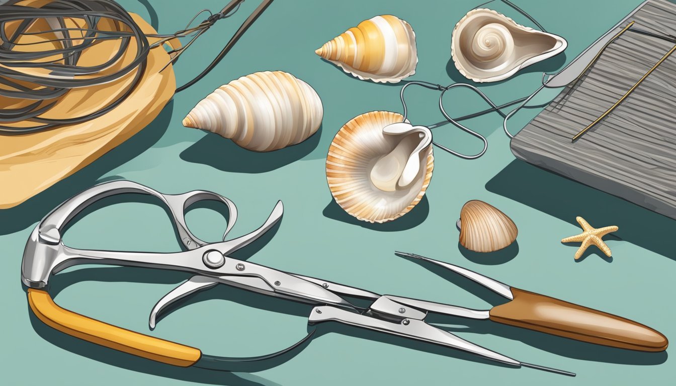 A work surface with seashells, wire, and pliers for making hairpins