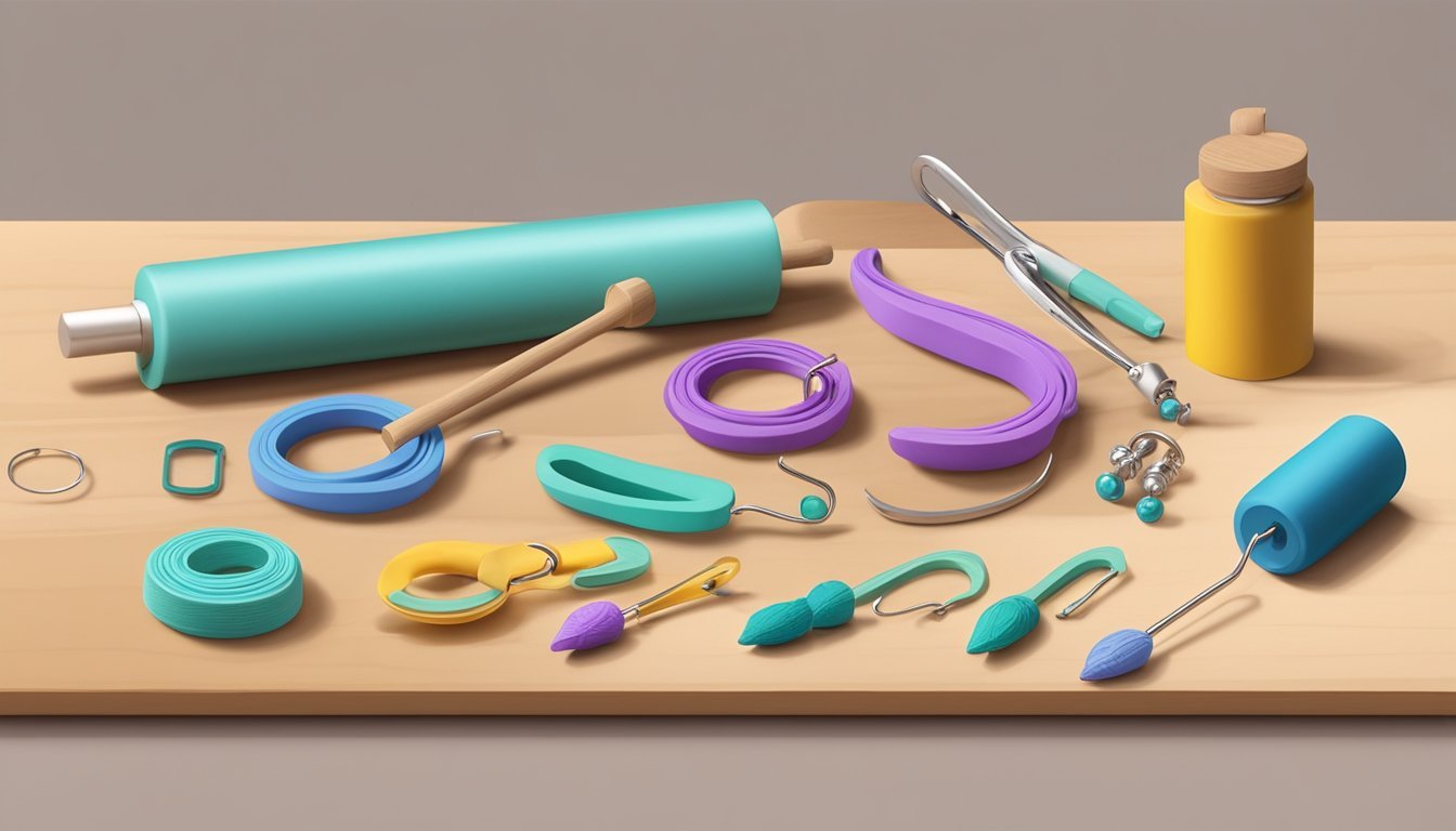 A work surface with polymer clay, rolling pin, cutter, and earring hooks.</p><p>A pair of finished earrings displayed nearby