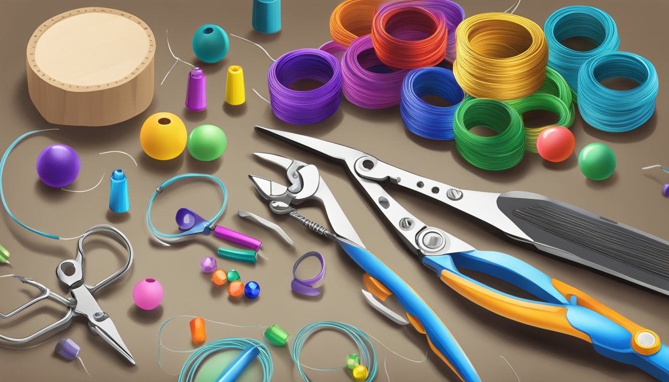 A workbench cluttered with pliers, wire cutters, and colorful beads.</p><p>A spool of memory wire lies next to a finished bangle