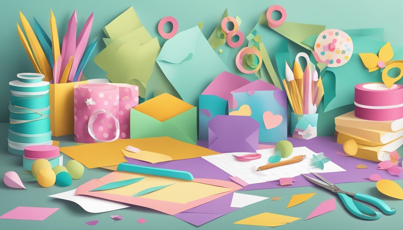 A table with colorful paper, scissors, glue, and decorative embellishments arranged for creating custom greeting cards using scrapbooking techniques