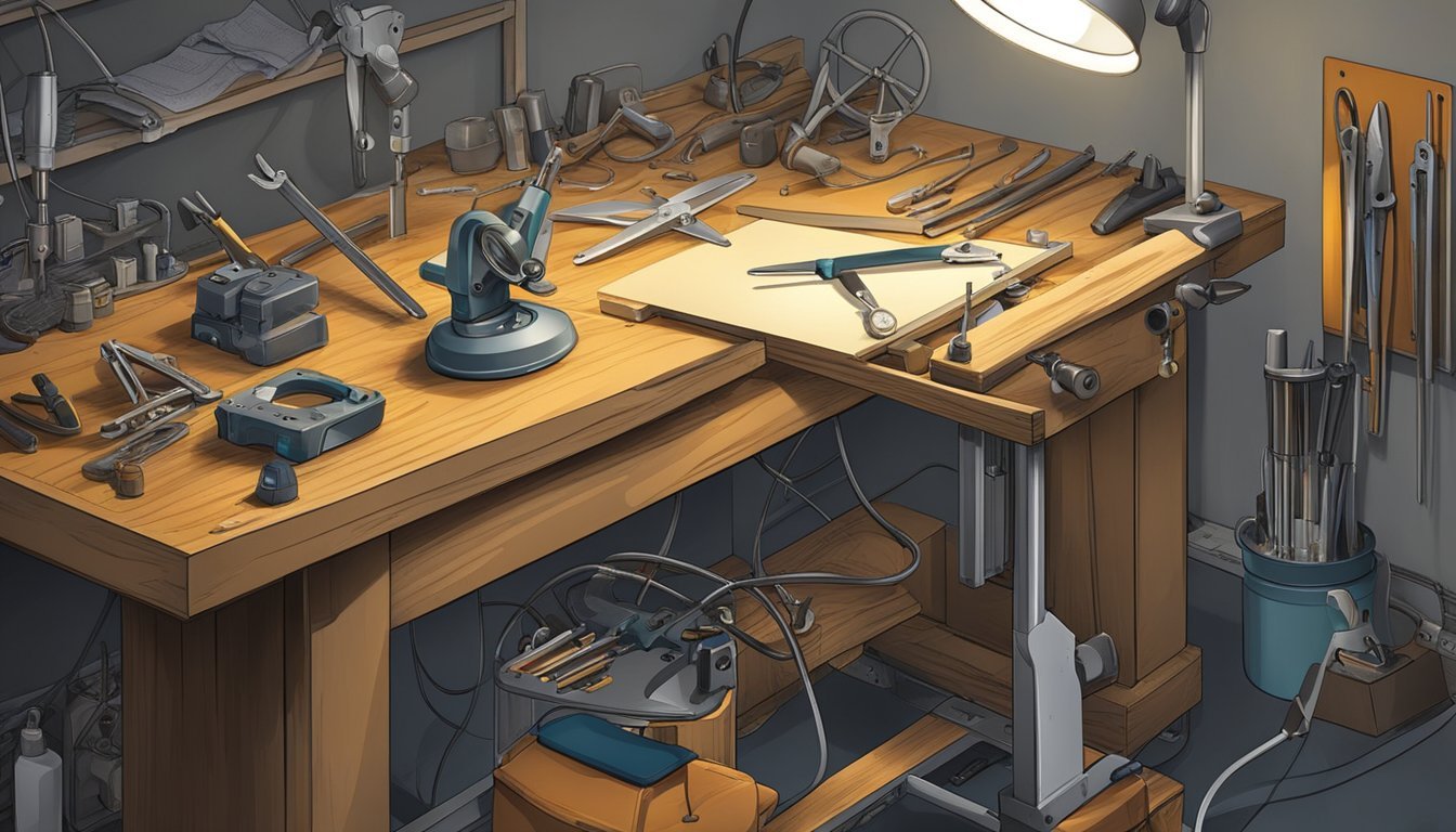 A workbench with pliers, wire cutters, and small metal pieces.</p><p>A magnifying lamp illuminates the workspace