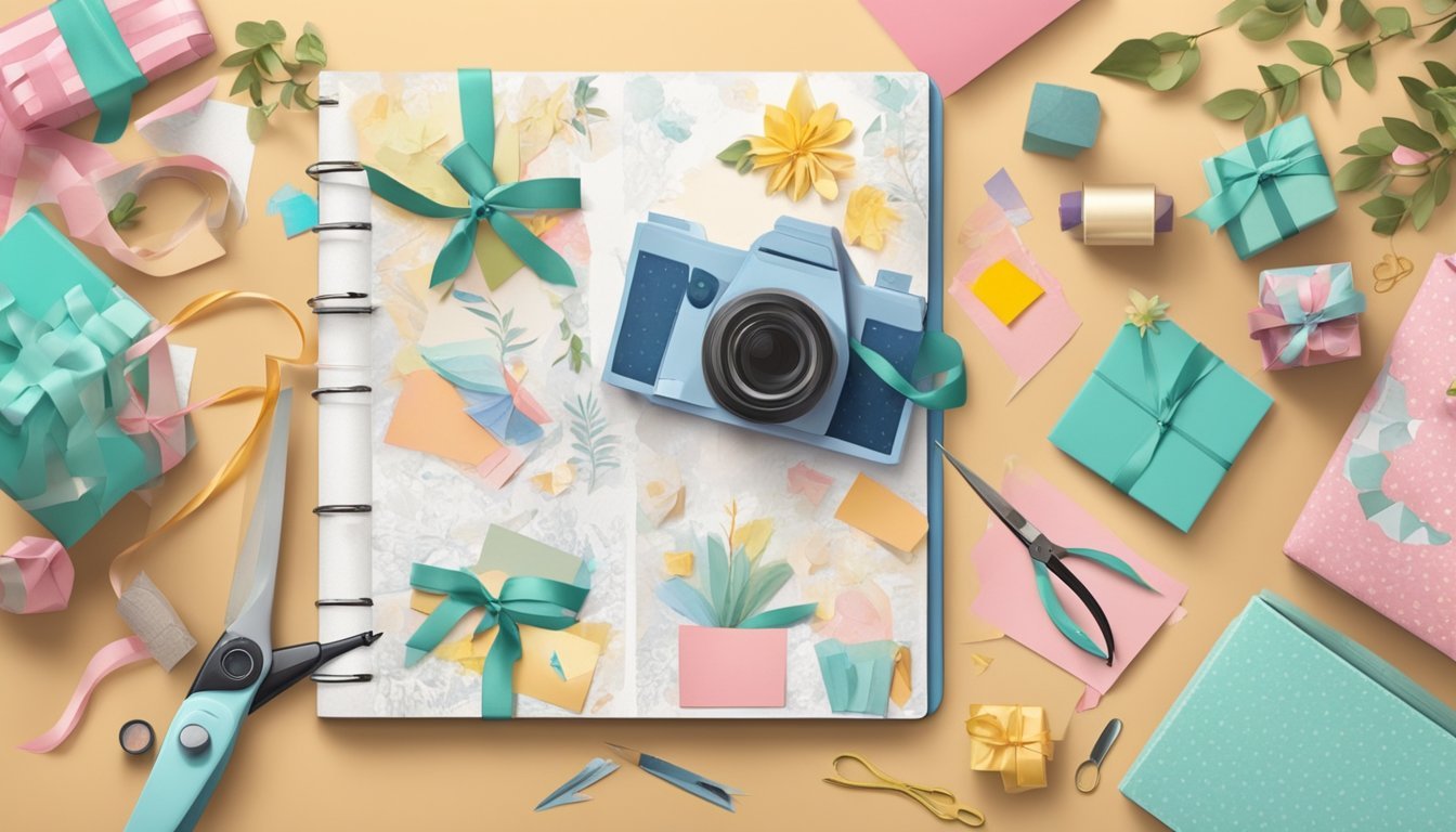 A table with colorful paper, scissors, glue, and photos arranged for scrapbooking.</p><p>A finished scrapbook displayed next to a wrapped gift