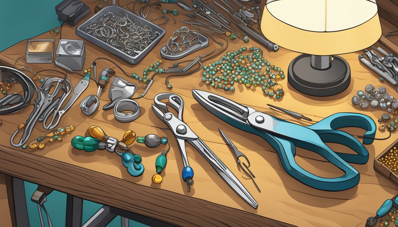 A cluttered workbench with pliers, wire cutters, and beads.</p><p>A lamp illuminates the tools and a finished piece of stunning jewelry