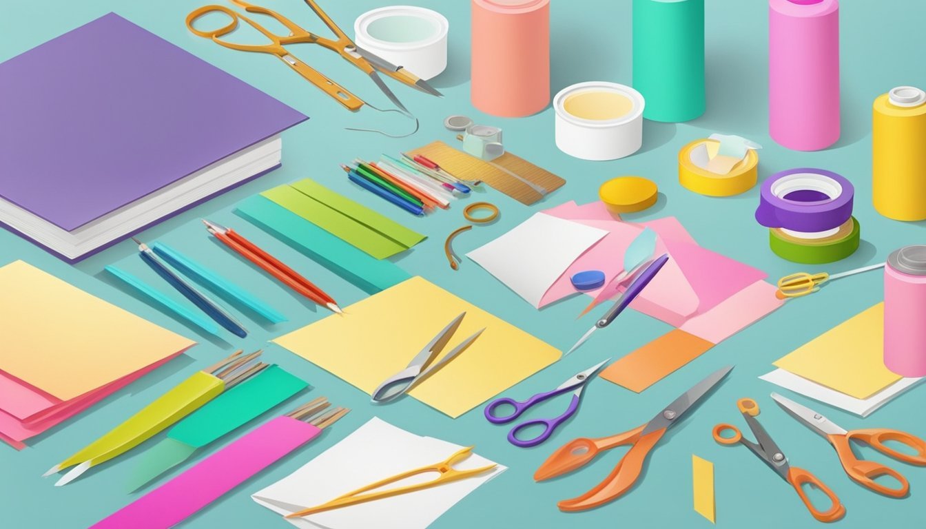 A table with colorful paper, glue, scissors, and other craft supplies arranged neatly for 7 different beginner DIY projects