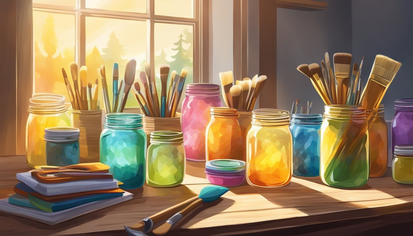 Colorful mason jars arranged on a wooden table, surrounded by paintbrushes, stencils, and various crafting supplies.</p><p>Sunshine streams through a nearby window, casting a warm glow on the scene