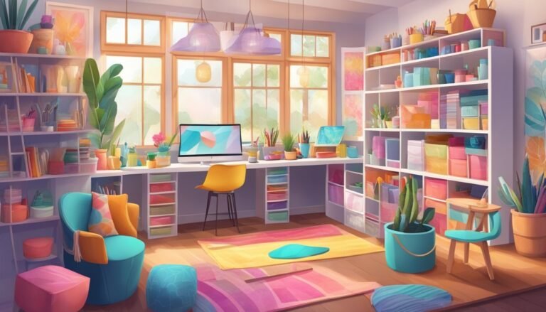 Cozy, colorful craft room with desk, shelves, and plants