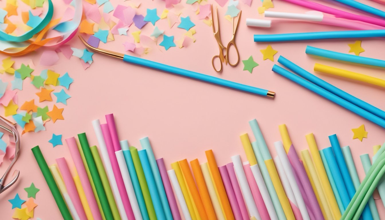 Colorful paper straws arranged in star shapes on a craft table with glue, scissors, and other supplies scattered around