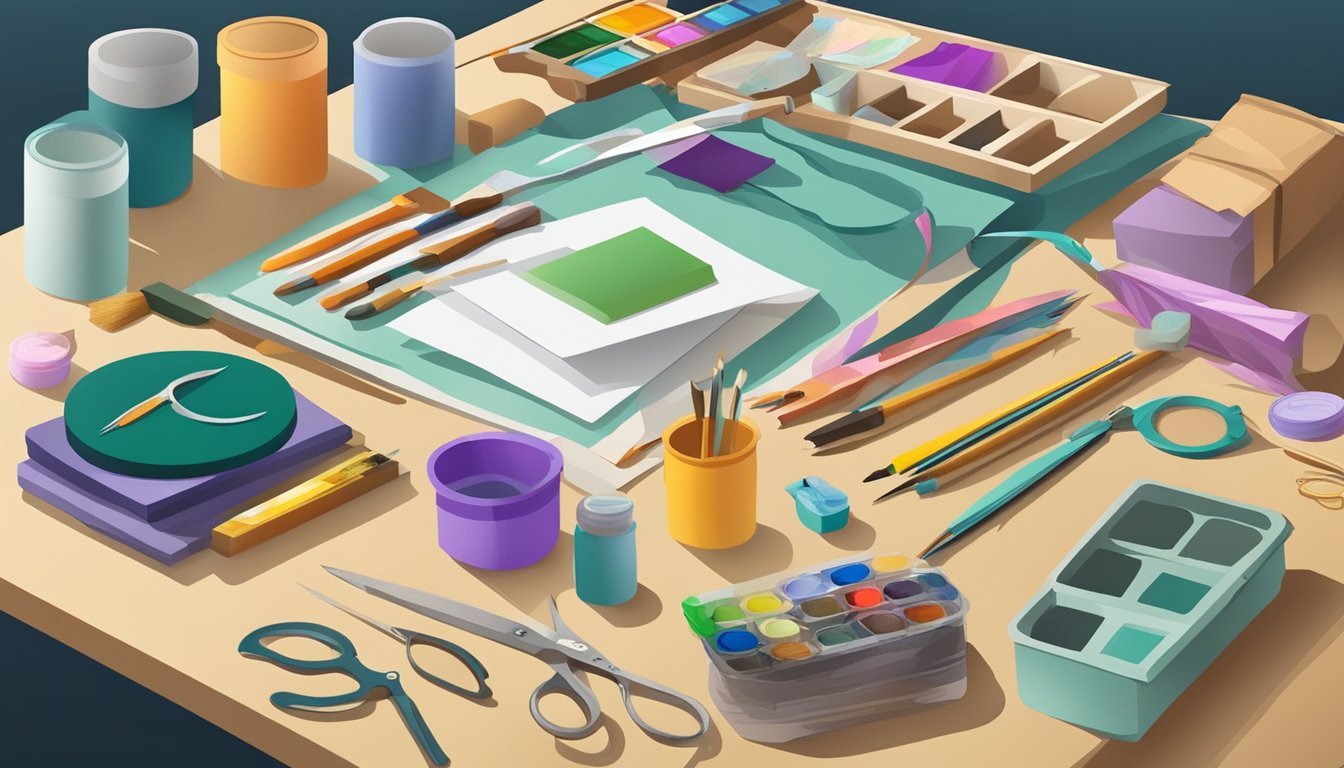 A table with various craft supplies scattered around, including scissors, glue, paper, paint, and brushes.</p><p>A finished craft project sits nearby as inspiration