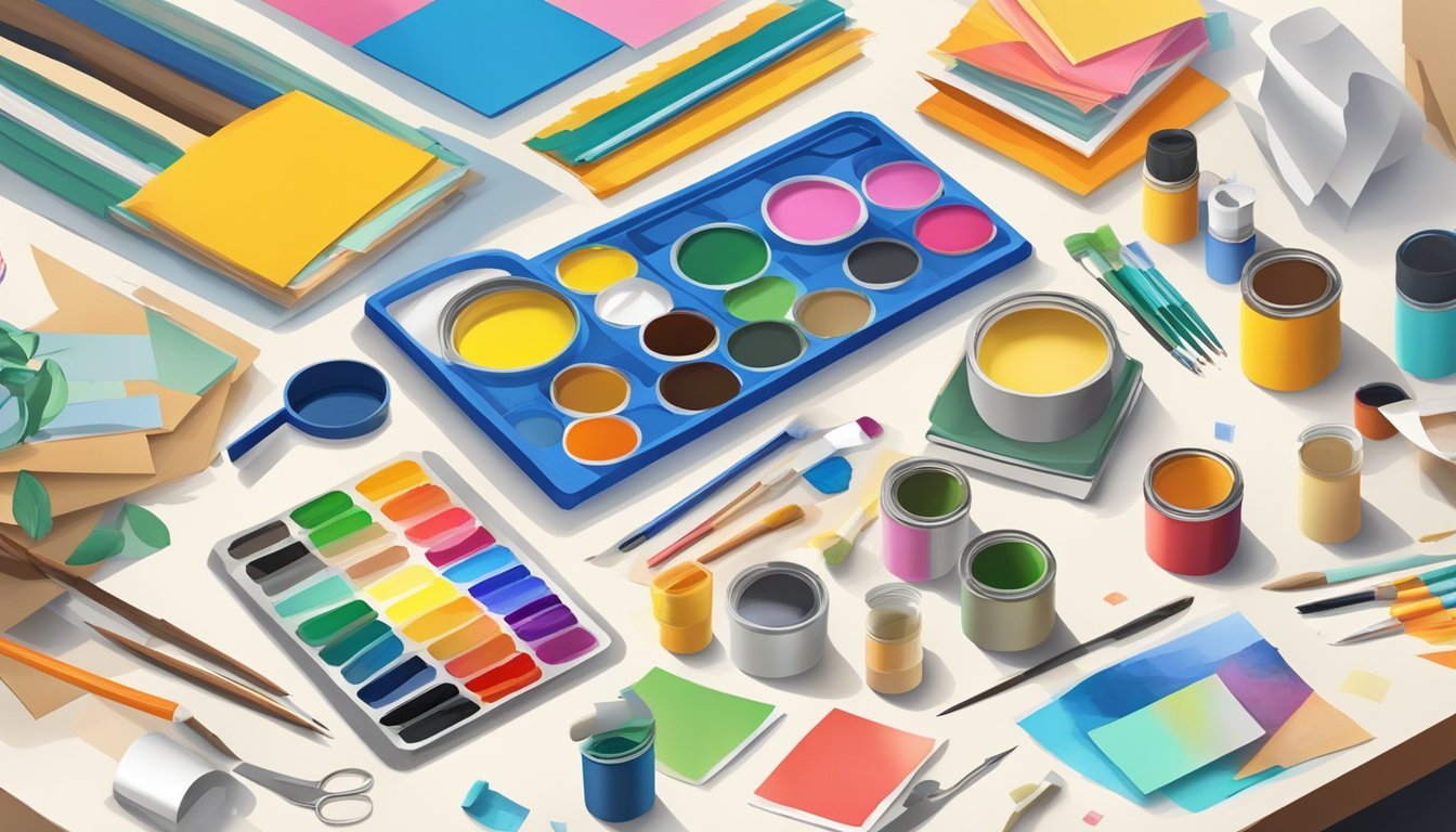 A brightly lit workspace with various crafting materials such as paint, brushes, scissors, glue, and colorful paper laid out on a clean, organized table