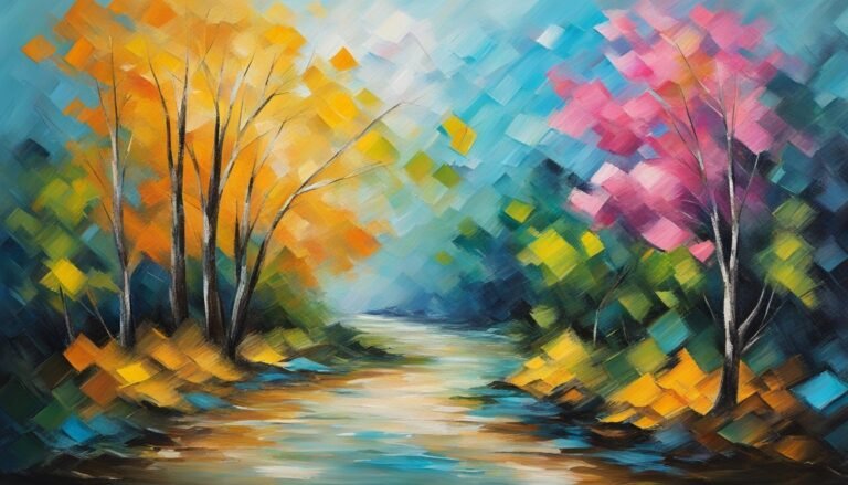 Impressionistic painting of a river with colorful trees and vibrant brushstrokes