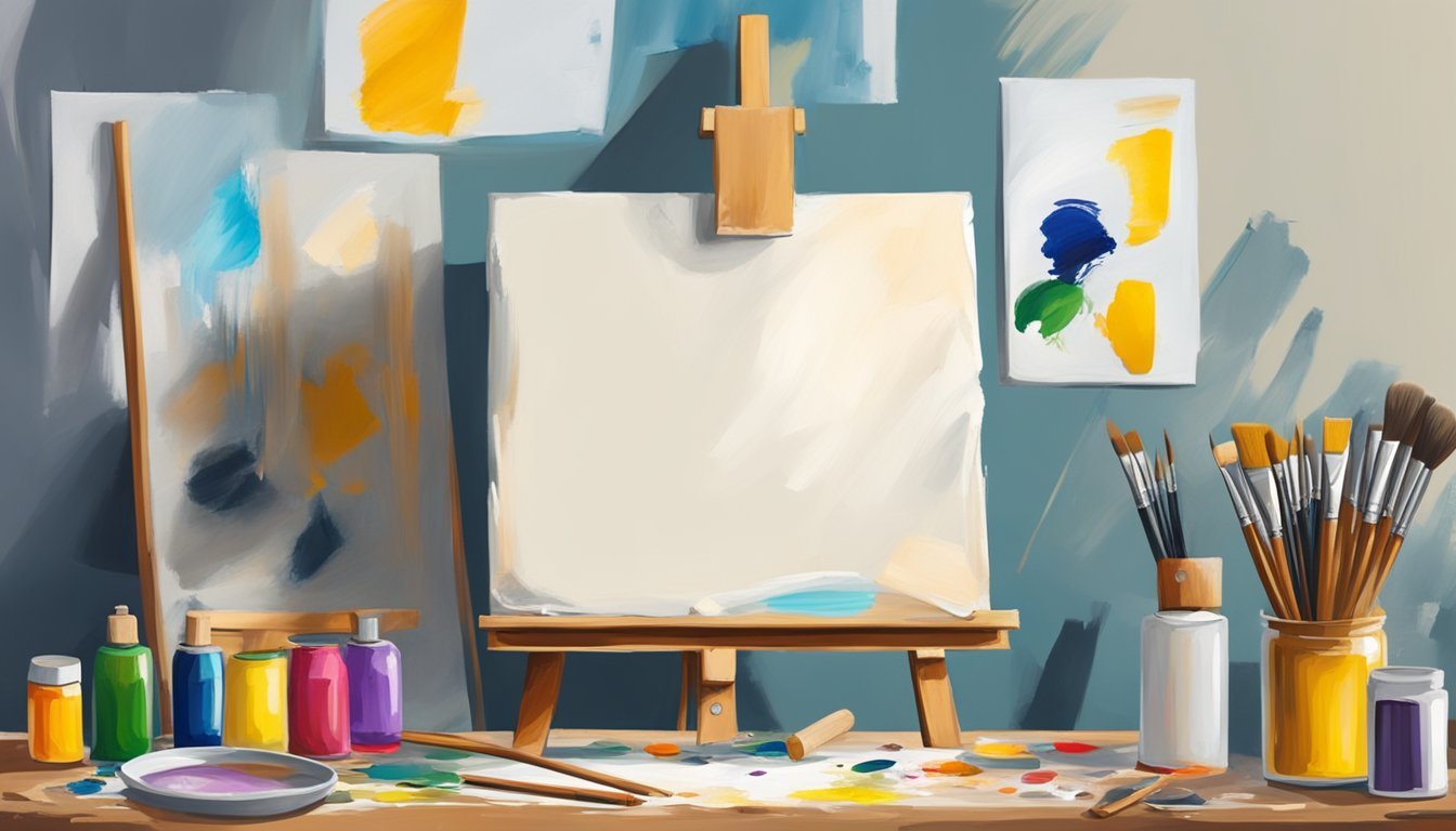 A blank canvas sits on a wooden easel, surrounded by tubes of oil and acrylic paint.</p><p>Brushes and palette knives are scattered on the table