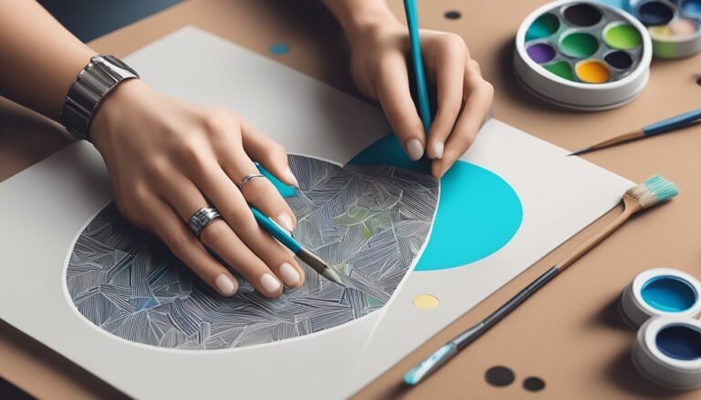 Hands painting on a paper with a brush, art supplies around