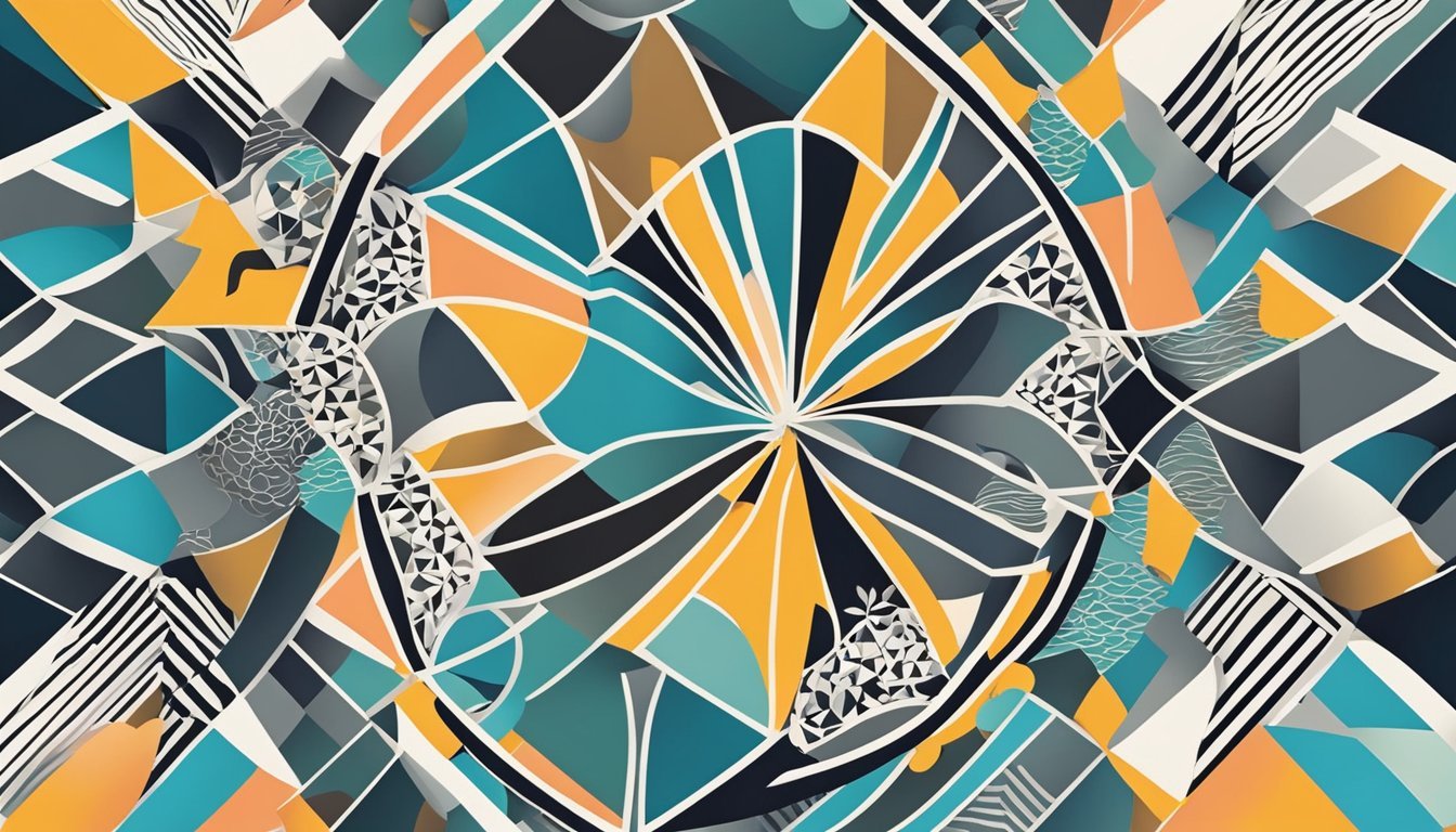 A canvas with geometric shapes and patterns created using stencils.</p><p>Bold lines and intricate designs add depth and interest to the painting