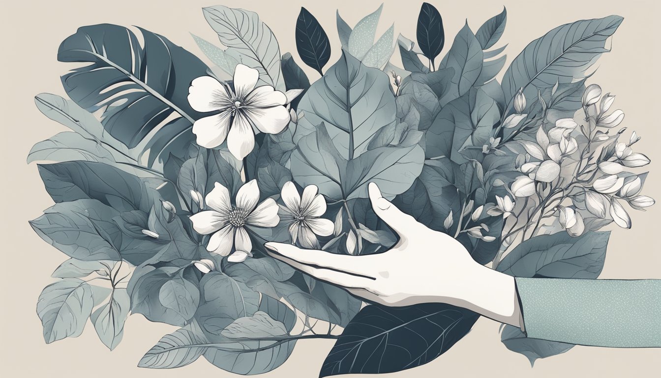 A hand holding a stencil over a canvas, surrounded by various botanical elements like leaves and flowers