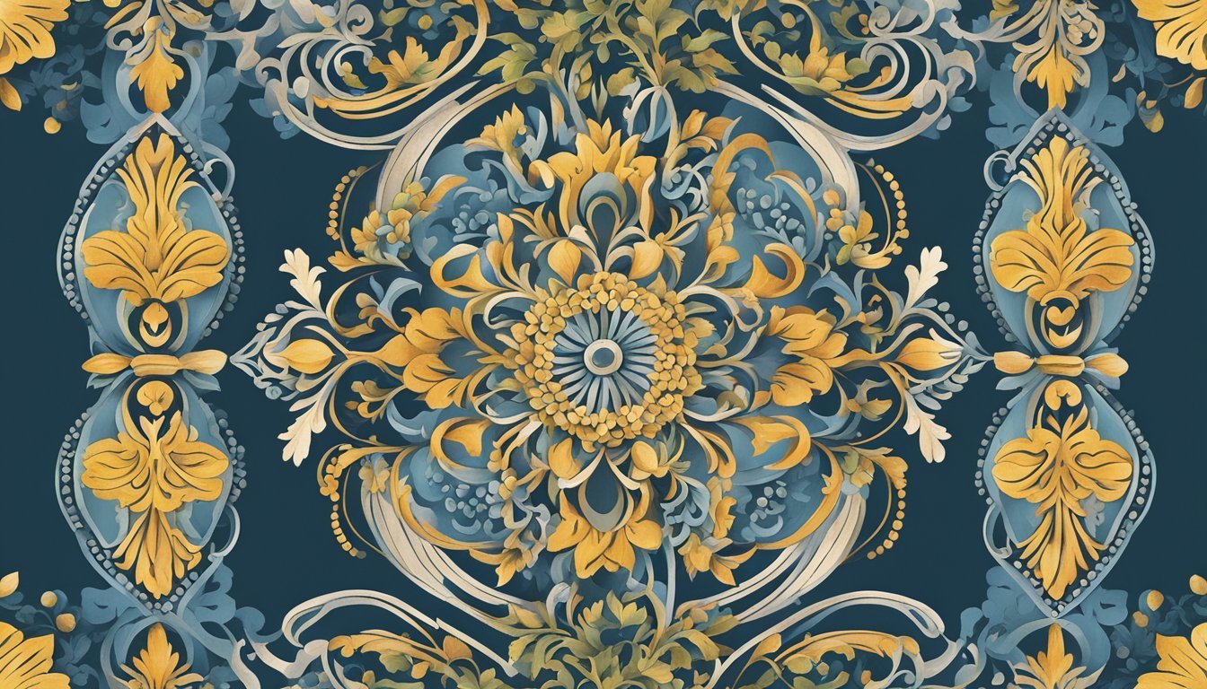 A vintage-inspired painting with intricate patterns created using stencils, featuring ornate designs and rich colors