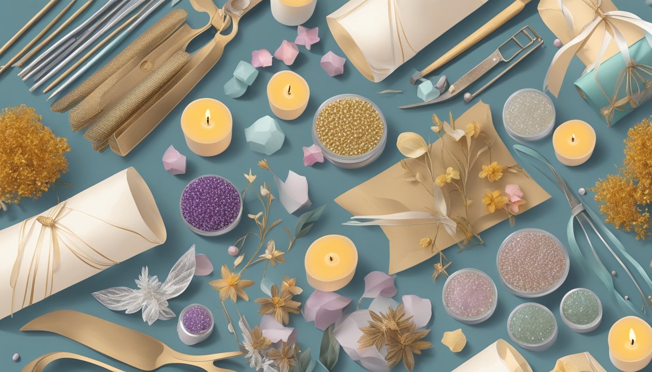 Candles, decorative items, and tools arranged on a teal surface, top-down view
