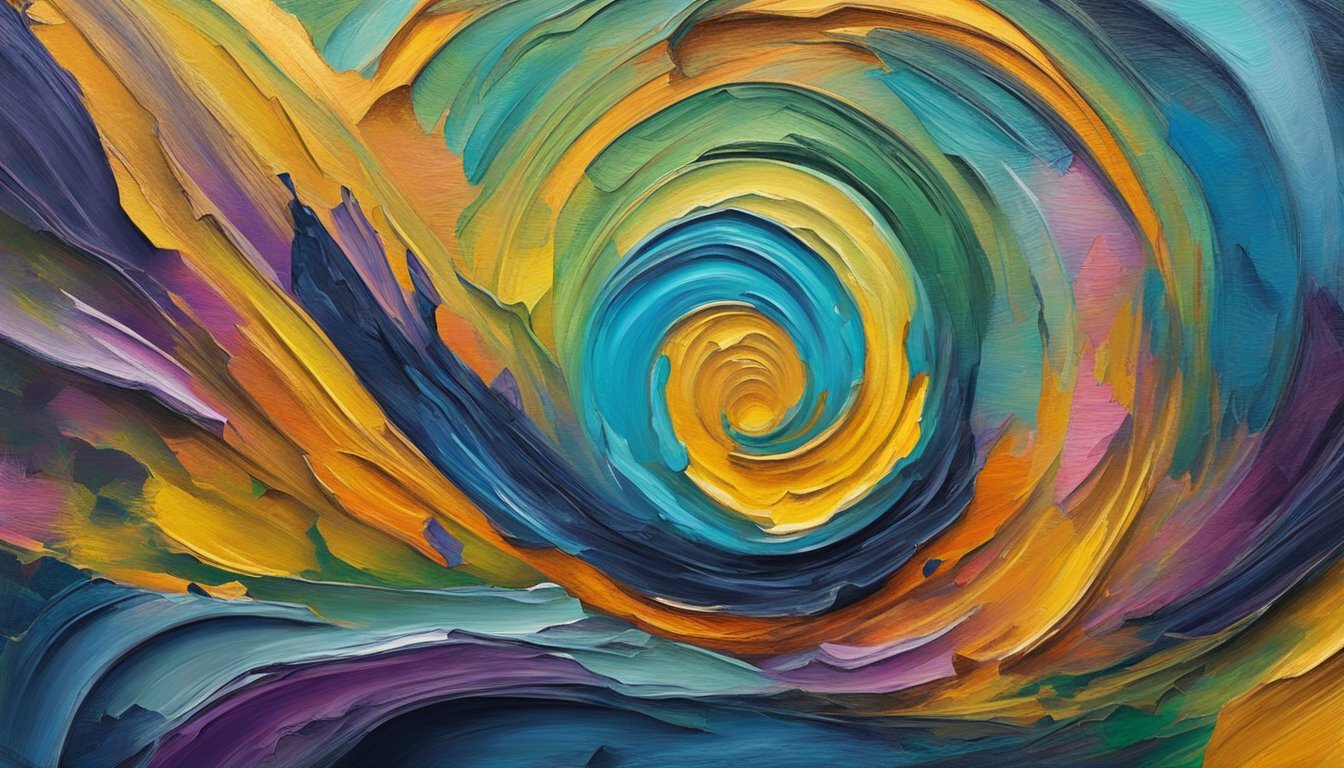 Thick layers of oil and acrylic paint create a textured, impasto effect on a canvas, with rich, layered colors and visible brushstrokes