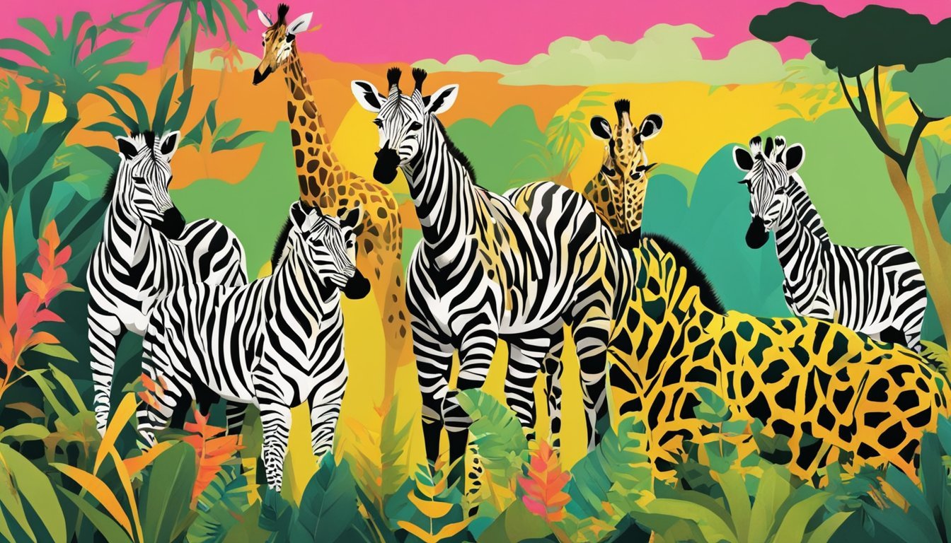 A jungle scene with a variety of animal prints (leopard, zebra, giraffe) overlapping on a canvas, created using stencils and vibrant colors