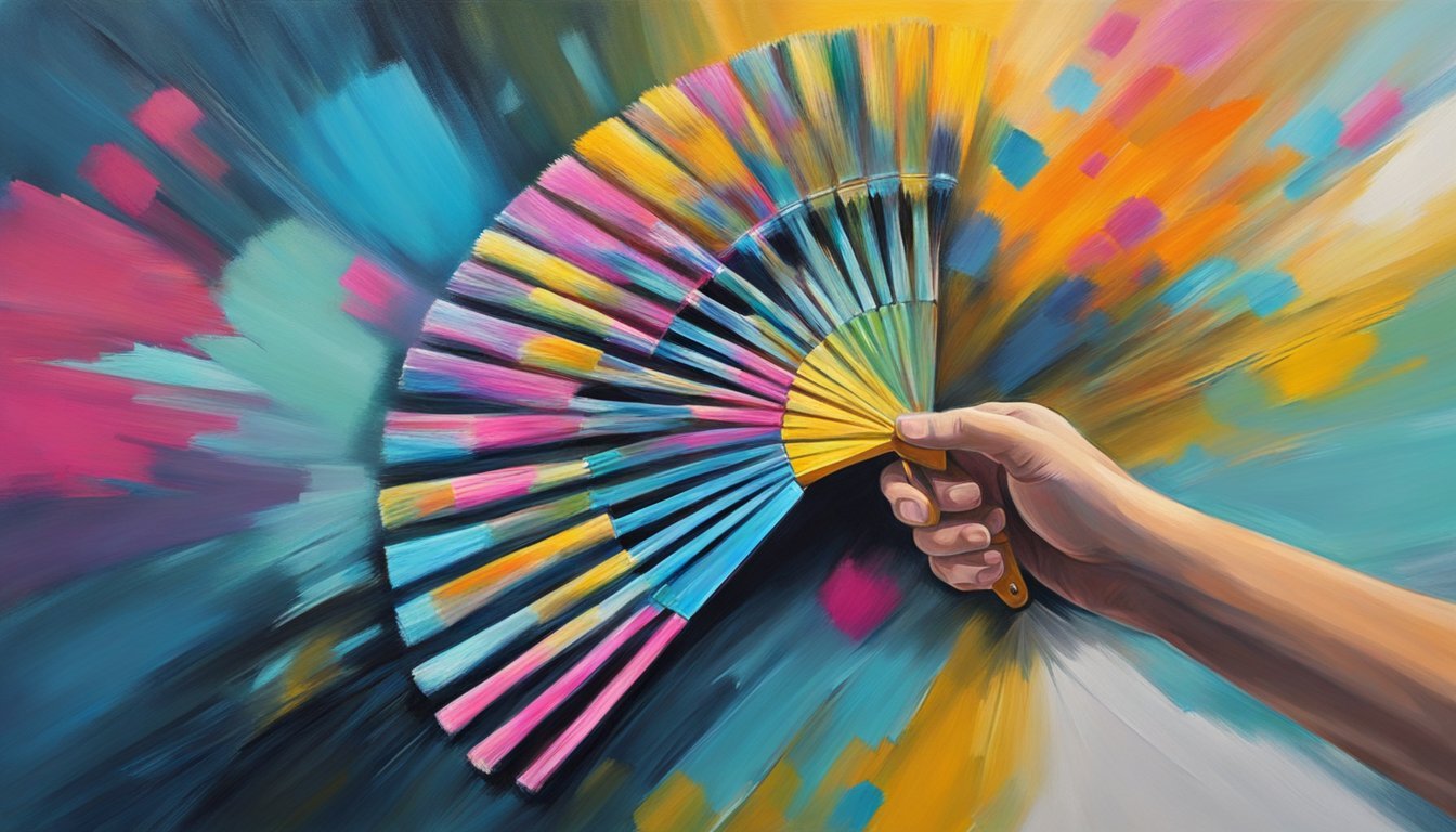 A hand holding a fan brush blends layers of oil and acrylic paint on a canvas, creating a textured and dynamic painting