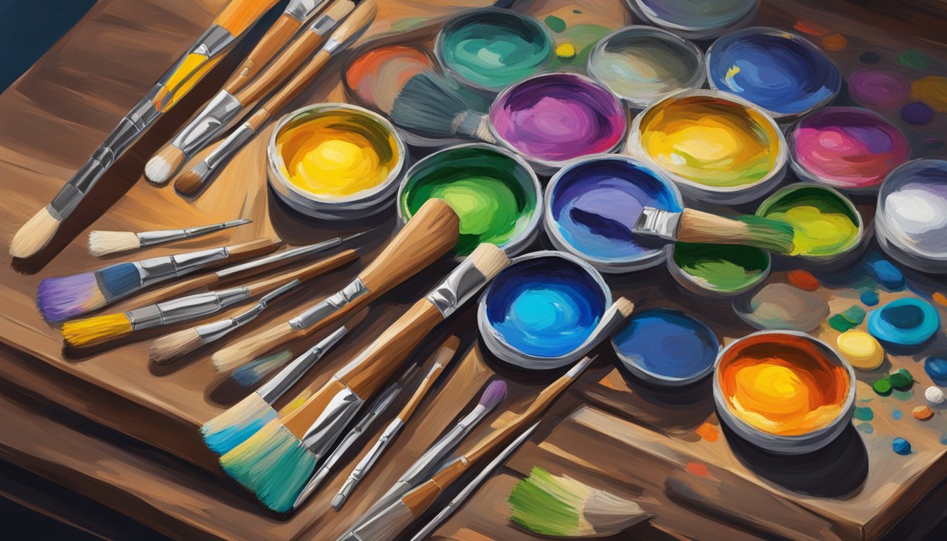 A palette of oil and acrylic paints arranged on a wooden table, surrounded by brushes, mixing palettes, and a canvas with multiple layers of colorful paint
