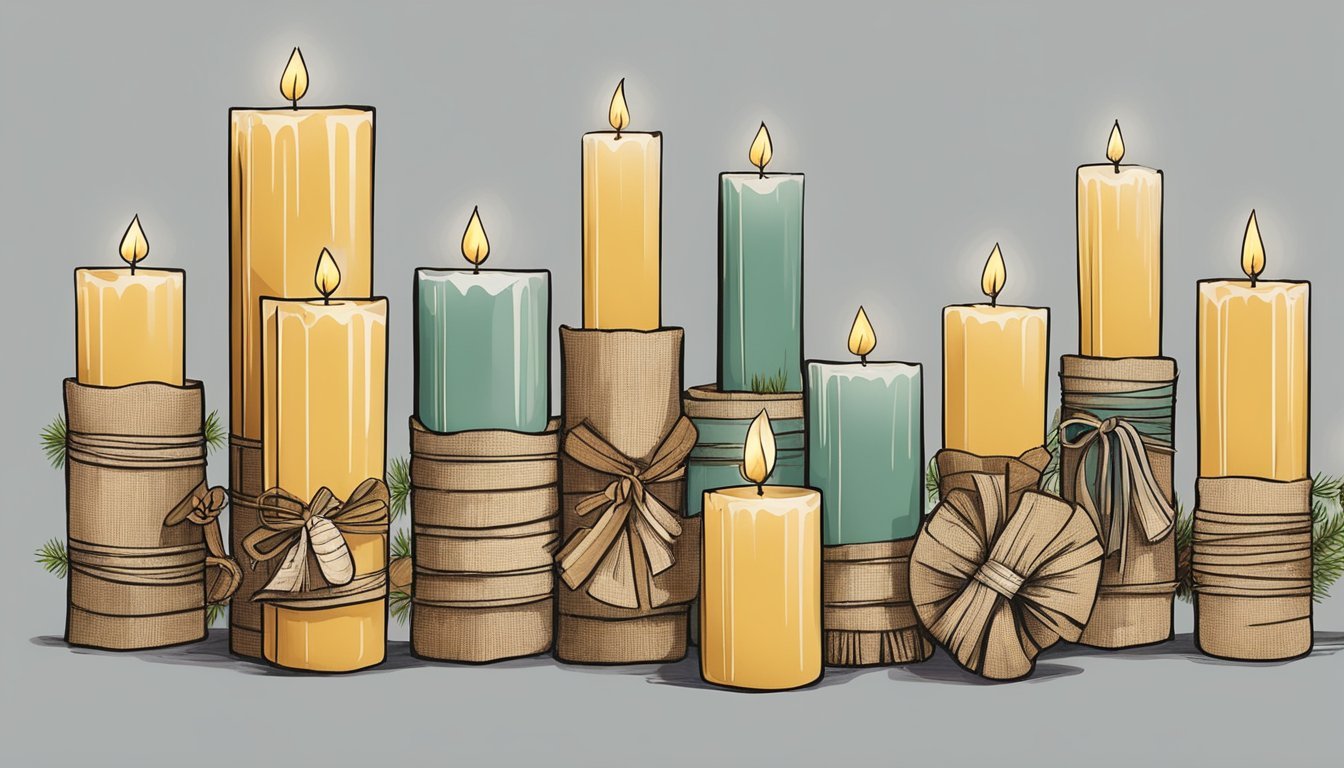 A bundle of candles wrapped with jute twine, adorned with various charms and embellishments, creating a rustic and whimsical display