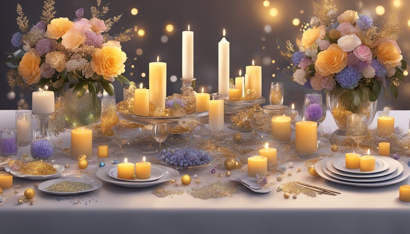 A table with various candles and an array of embellishments such as beads, ribbons, glitter, and dried flowers scattered around