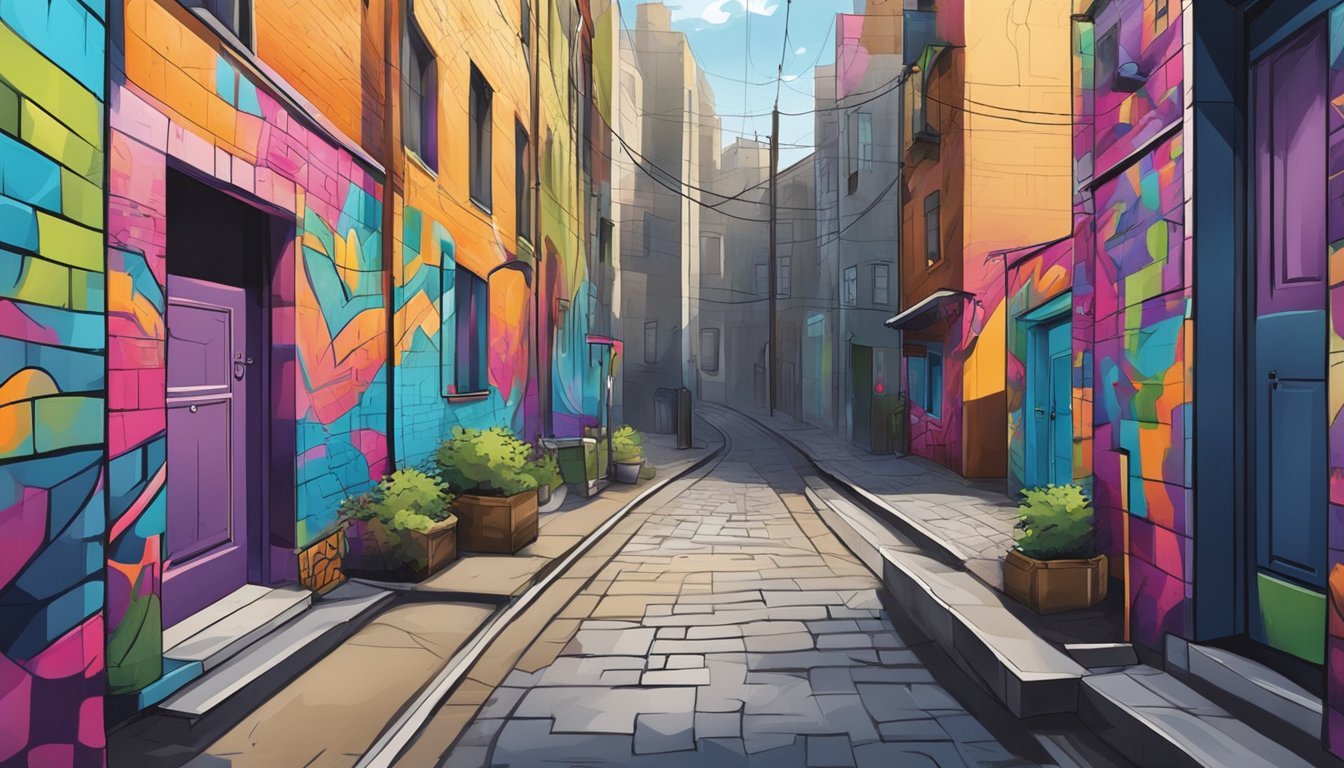 A city alleyway with vibrant graffiti covering the walls, featuring unique patterns and designs created with stencils