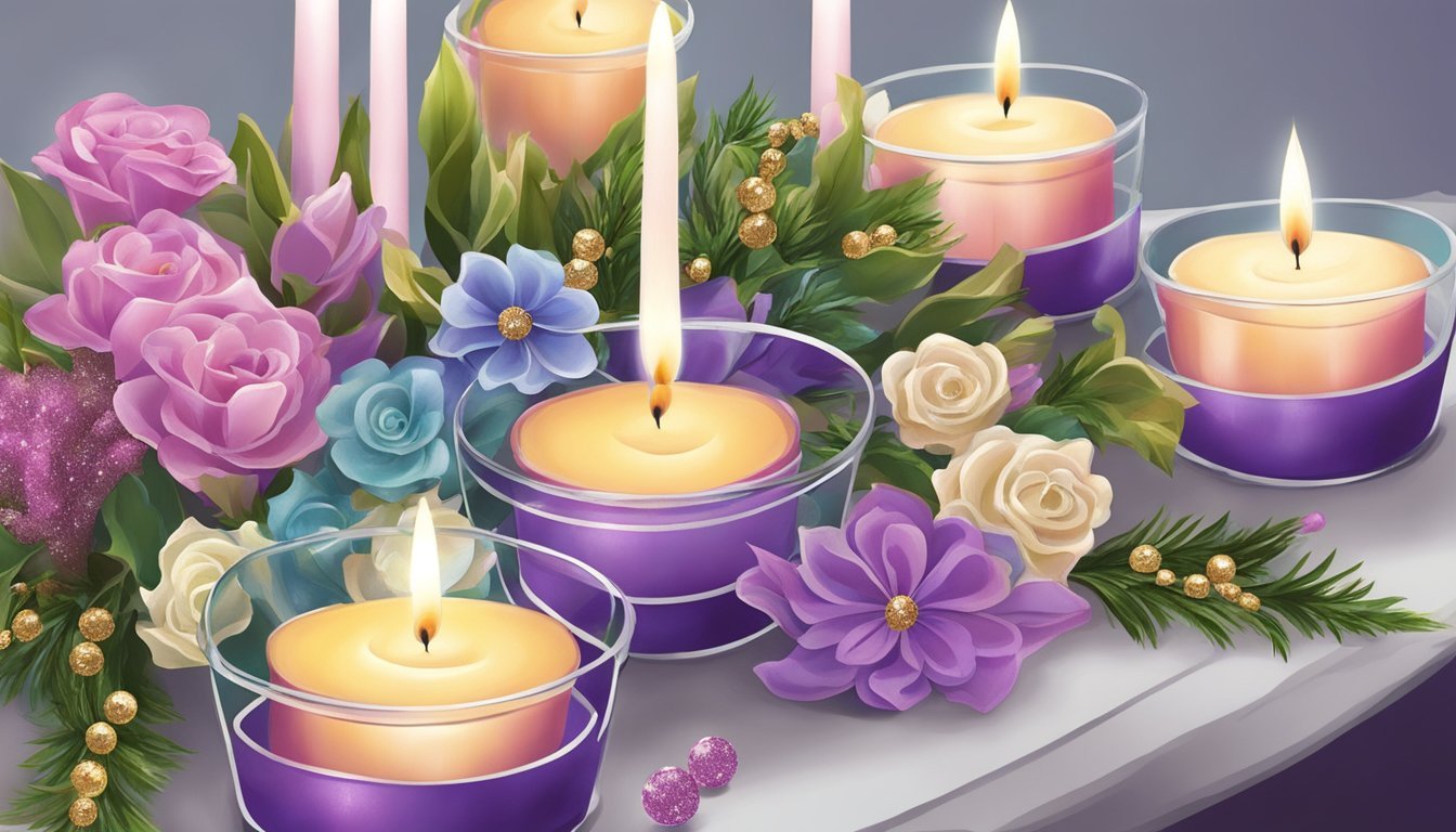 A table with five candles, each uniquely decorated with embellishments such as ribbons, beads, dried flowers, and glitter.</p><p>The candles are arranged in a visually appealing manner